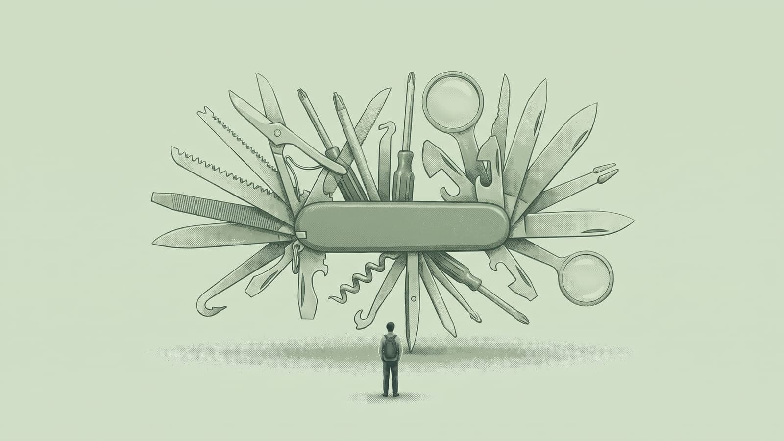 A small figure with a backpack stands under a giant pocket knife with dozens of blades and tools folded out at once, all in shades of pale sage.