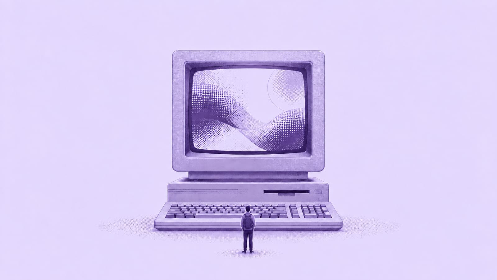 A small figure with a backpack looks up at a giant retro computer. Its screen shows a halftone landscape, all in shades of lavender.