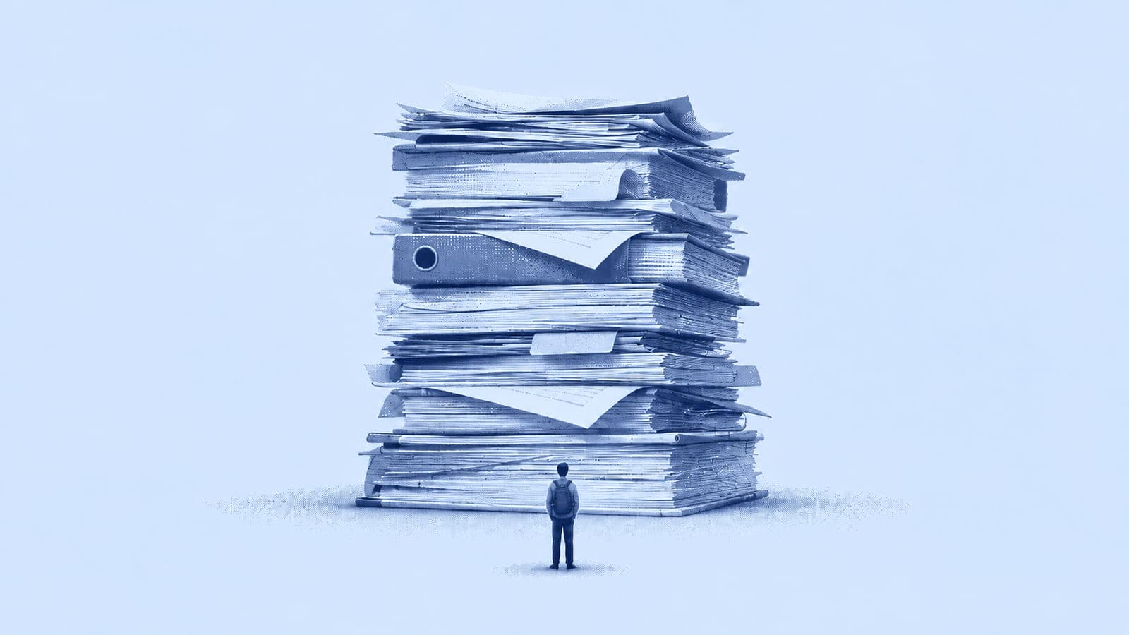 A small figure with a backpack stands in front of a towering stack of binders and loose papers, all in shades of pale blue.