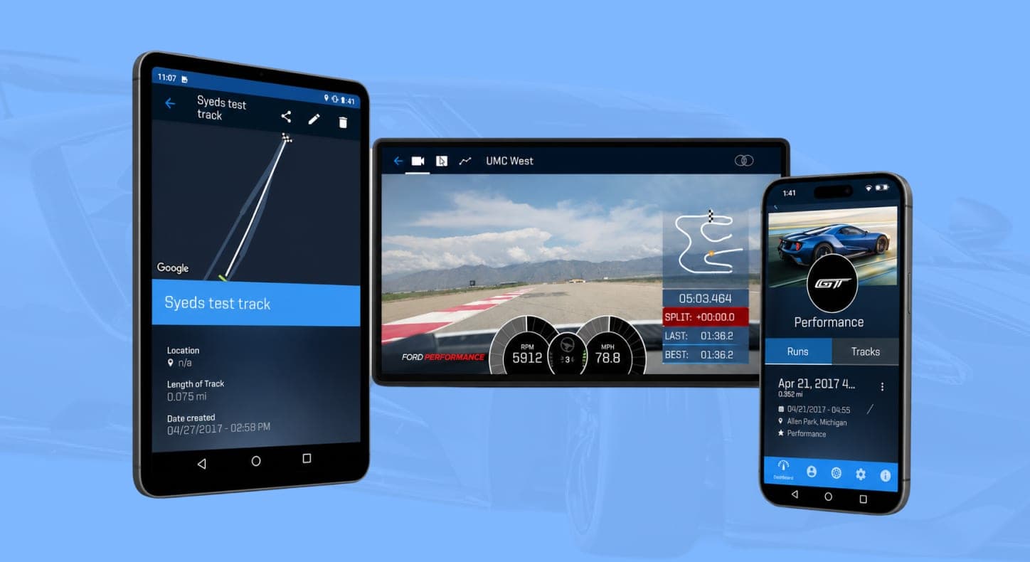 The Ford Performance app's track map, windshield HUD, and GT Performance home screen.