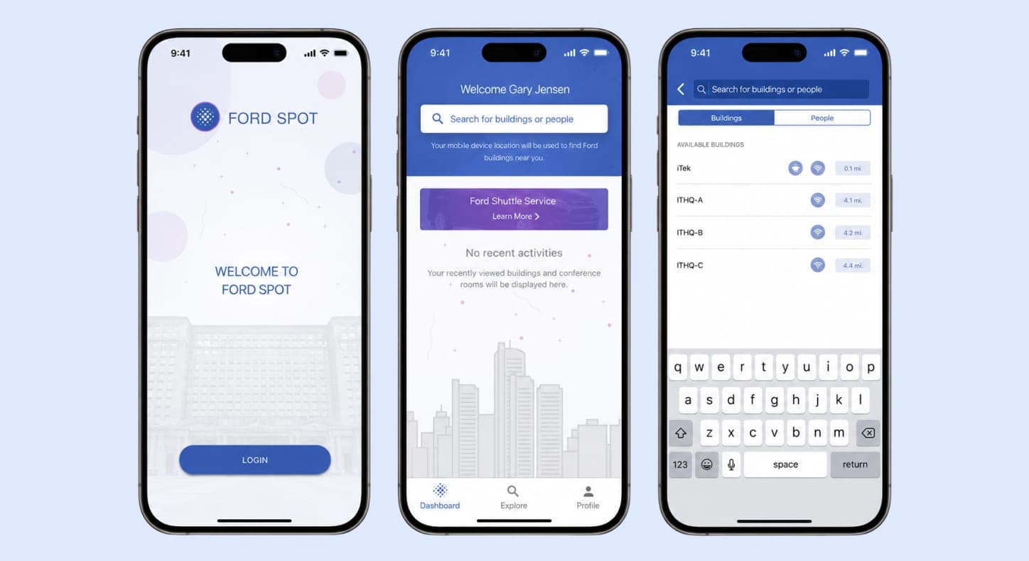 The Ford Spot login, dashboard, and building search screens.